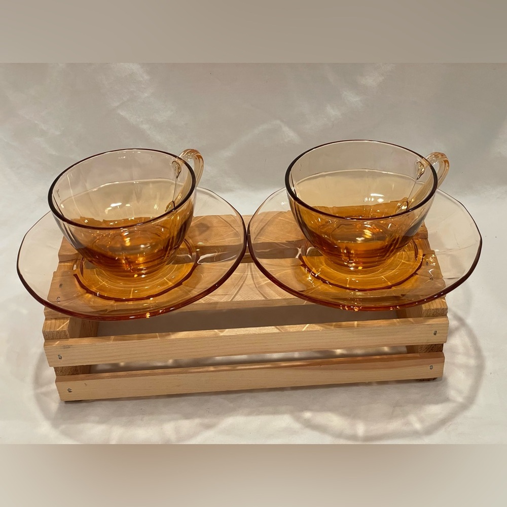 🥳BOGO! Pair (2) Fostoria Glass Vintage Amber Glass Tea Cup & Saucer Set | EUC